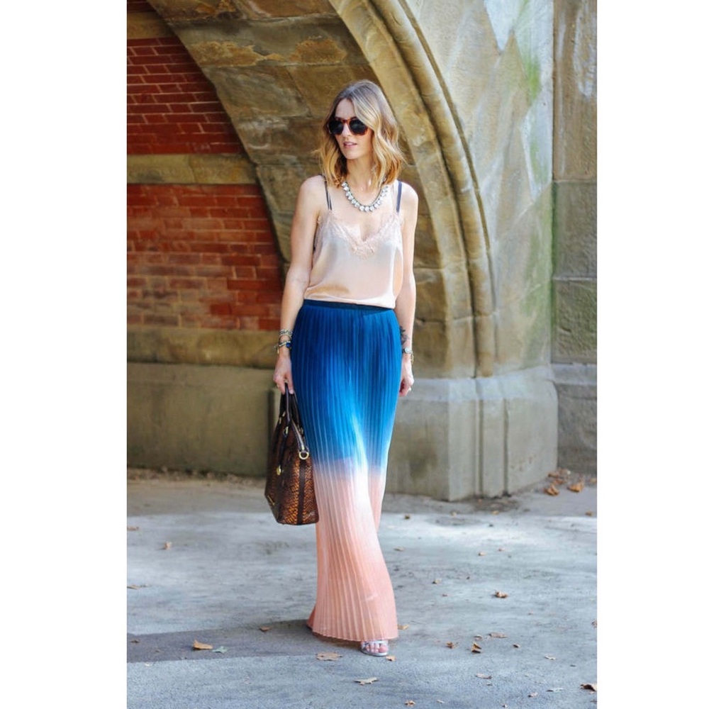 Cynthia Rowley Blue and Peach Ombre Pleated Maxi Skirt